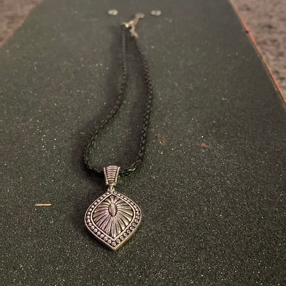 Braided rope necklace with silver tone diamond shaped charm with textured design - Picture 1 of 5